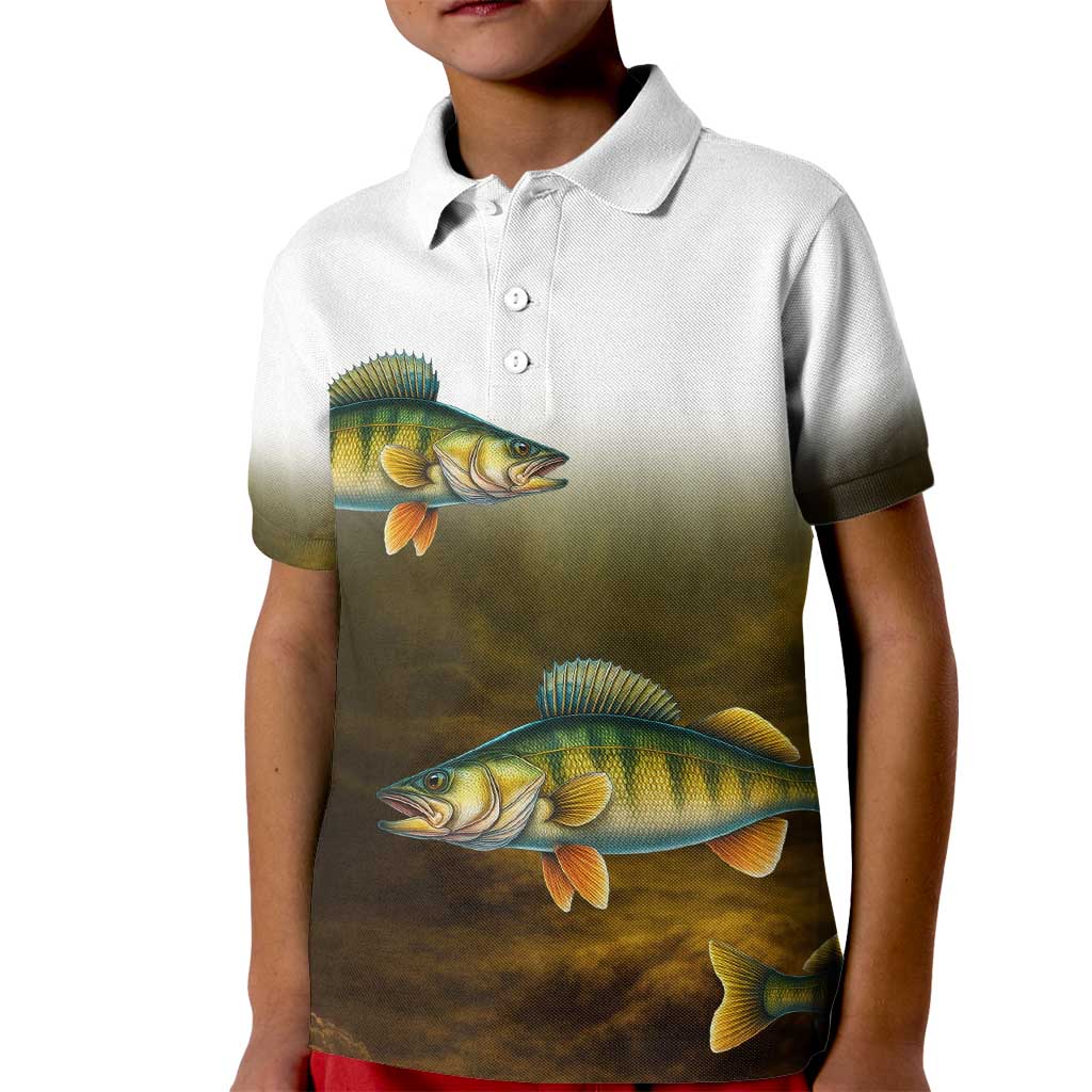 Walleye Fishing Yellow Scales Customize Name Kid Polo Shirt Dark Gradient Water Background - Wonder Print Shop