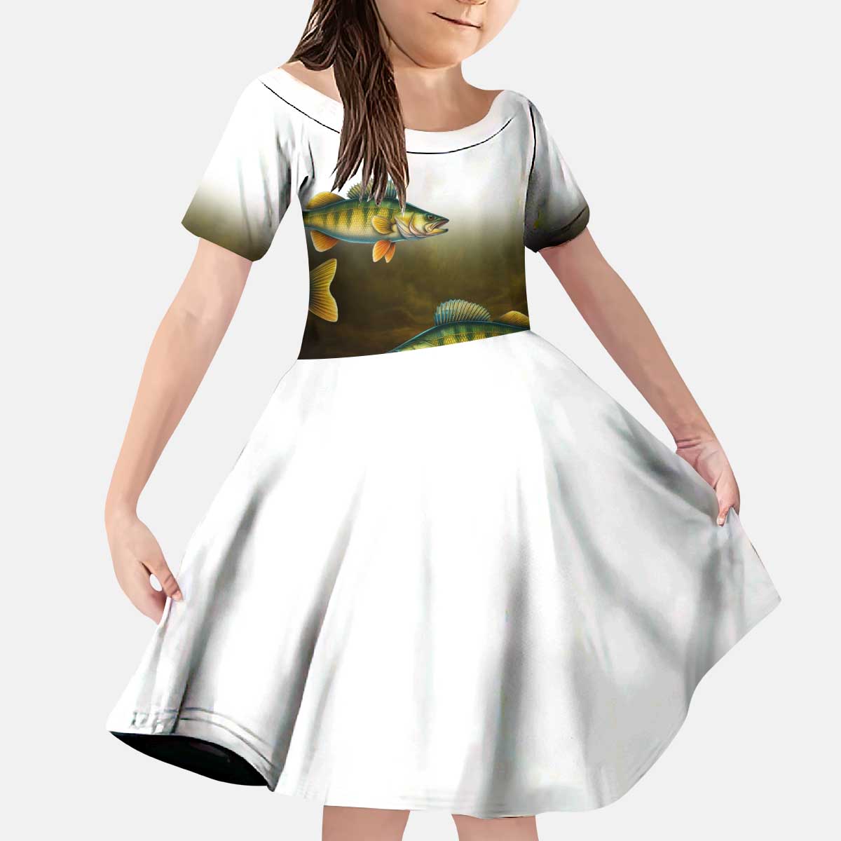 Walleye Fishing Yellow Scales Customize Name Kid Short Sleeve Dress Dark Gradient Water Background - Wonder Print Shop