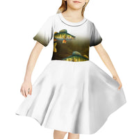 Walleye Fishing Yellow Scales Customize Name Kid Short Sleeve Dress Dark Gradient Water Background - Wonder Print Shop