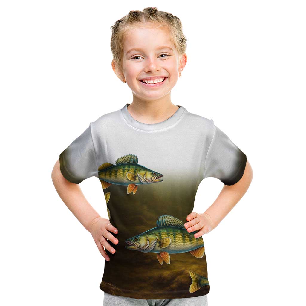 Walleye Fishing Yellow Scales Customize Name Kid T Shirt Dark Gradient Water Background - Wonder Print Shop