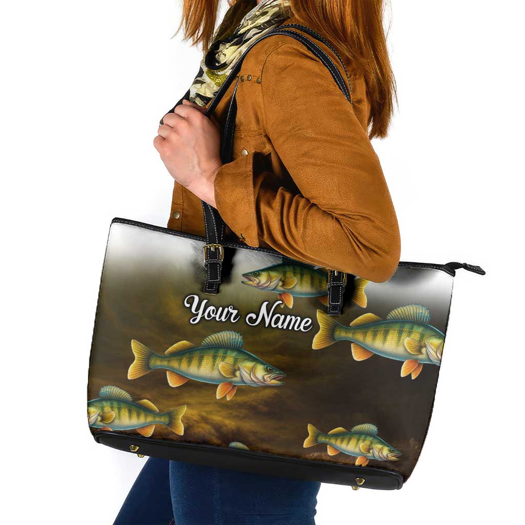 Walleye Fishing Yellow Scales Customize Name Leather Tote Bag Dark Gradient Water Background - Wonder Print Shop