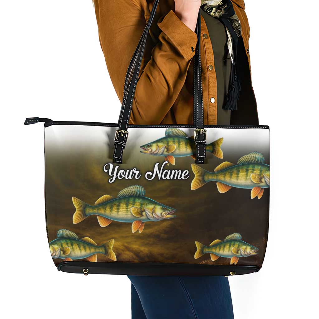 Walleye Fishing Yellow Scales Customize Name Leather Tote Bag Dark Gradient Water Background - Wonder Print Shop