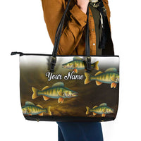 Walleye Fishing Yellow Scales Customize Name Leather Tote Bag Dark Gradient Water Background - Wonder Print Shop