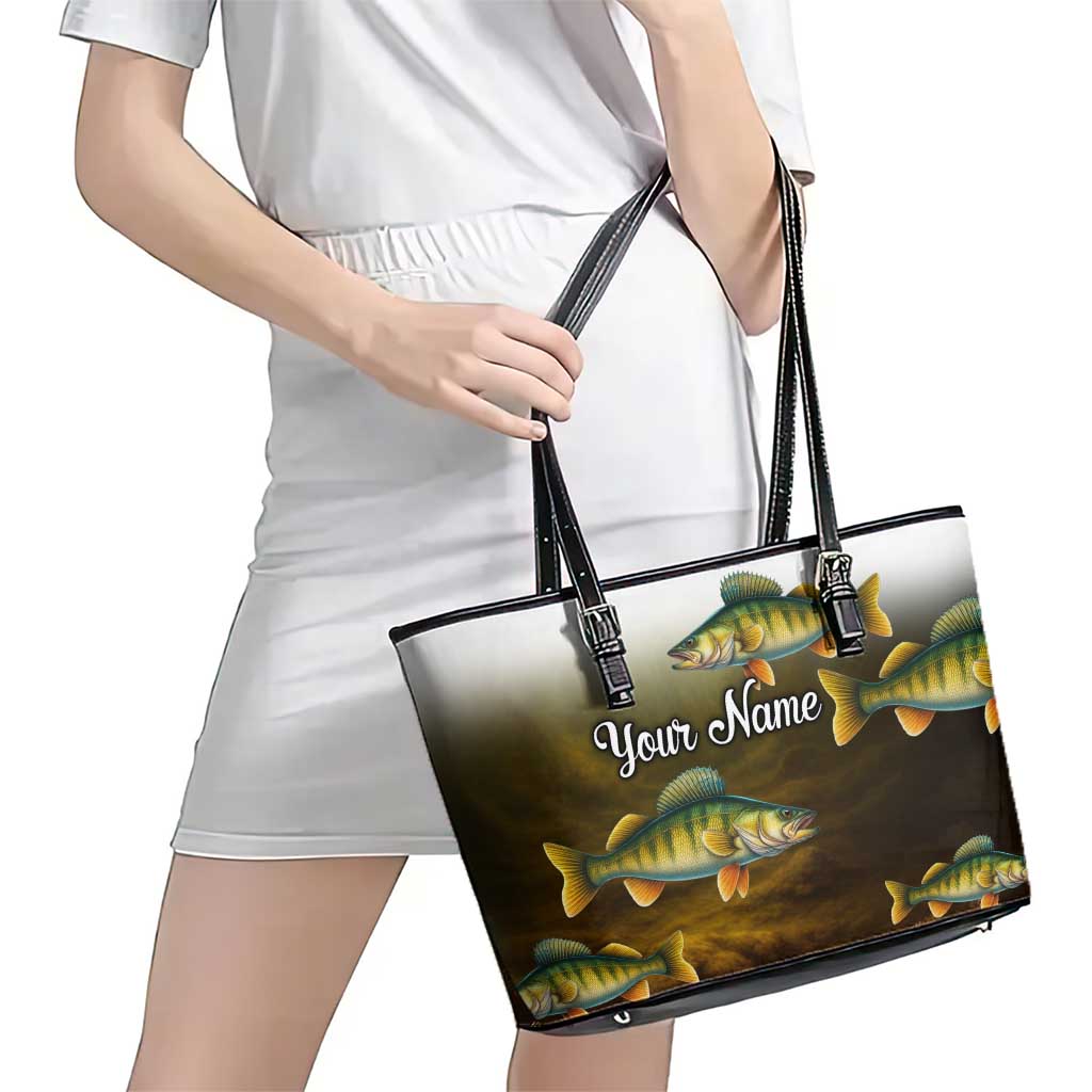 Walleye Fishing Yellow Scales Customize Name Leather Tote Bag Dark Gradient Water Background - Wonder Print Shop