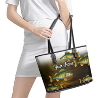 Walleye Fishing Yellow Scales Customize Name Leather Tote Bag Dark Gradient Water Background - Wonder Print Shop