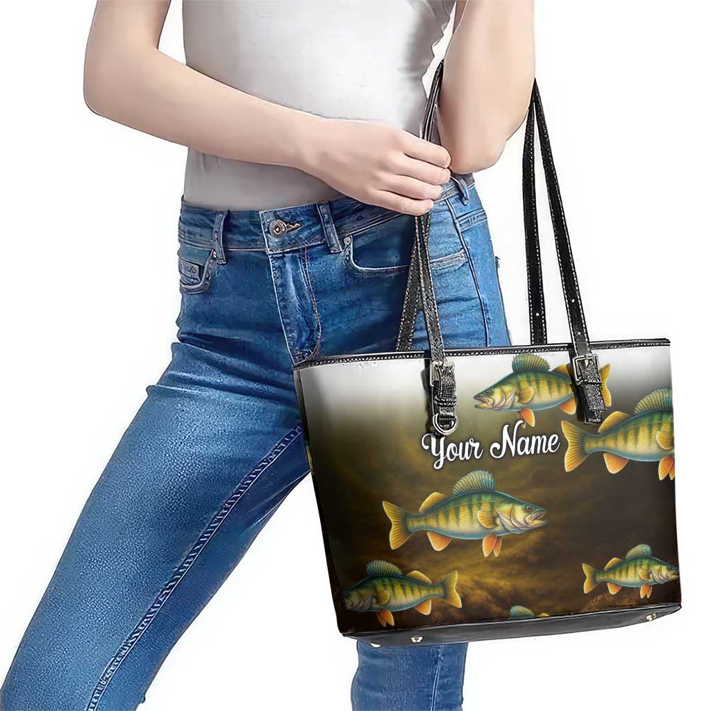 Walleye Fishing Yellow Scales Customize Name Leather Tote Bag Dark Gradient Water Background - Wonder Print Shop