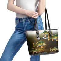 Walleye Fishing Yellow Scales Customize Name Leather Tote Bag Dark Gradient Water Background - Wonder Print Shop