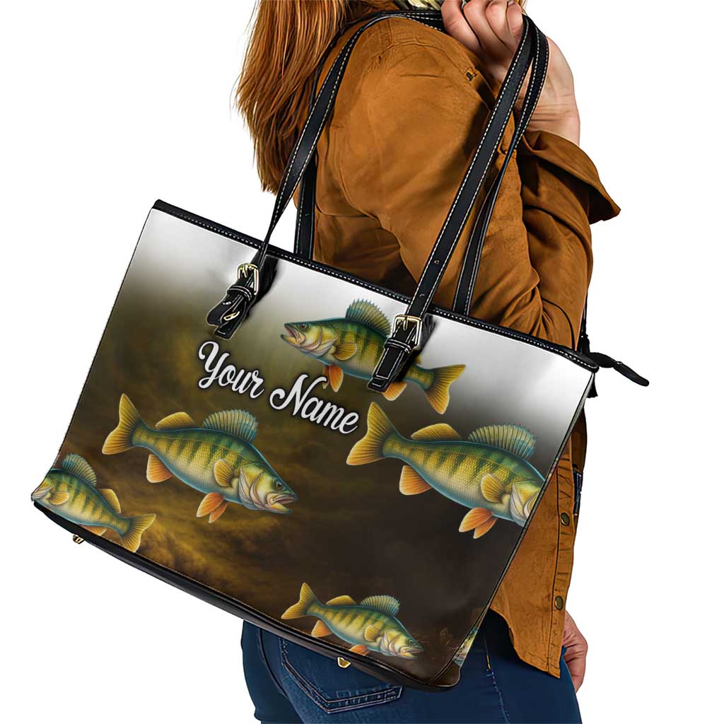 Walleye Fishing Yellow Scales Customize Name Leather Tote Bag Dark Gradient Water Background - Wonder Print Shop