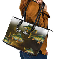 Walleye Fishing Yellow Scales Customize Name Leather Tote Bag Dark Gradient Water Background - Wonder Print Shop