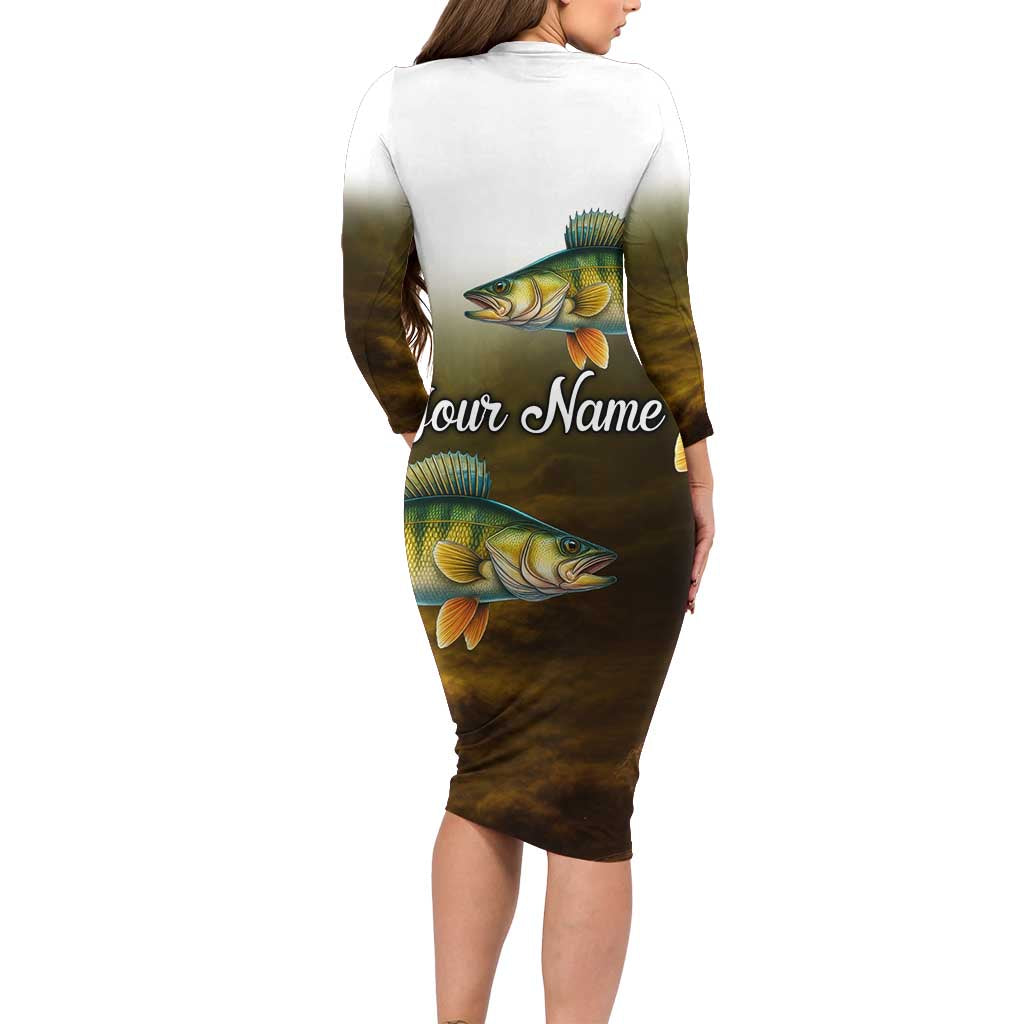 Walleye Fishing Yellow Scales Customize Name Long Sleeve Bodycon Dress Dark Gradient Water Background - Wonder Print Shop