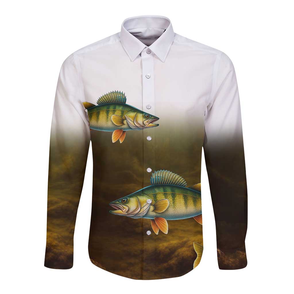 Walleye Fishing Yellow Scales Customize Name Long Sleeve Button Shirt Dark Gradient Water Background - Wonder Print Shop