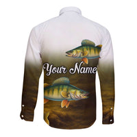 Walleye Fishing Yellow Scales Customize Name Long Sleeve Button Shirt Dark Gradient Water Background - Wonder Print Shop