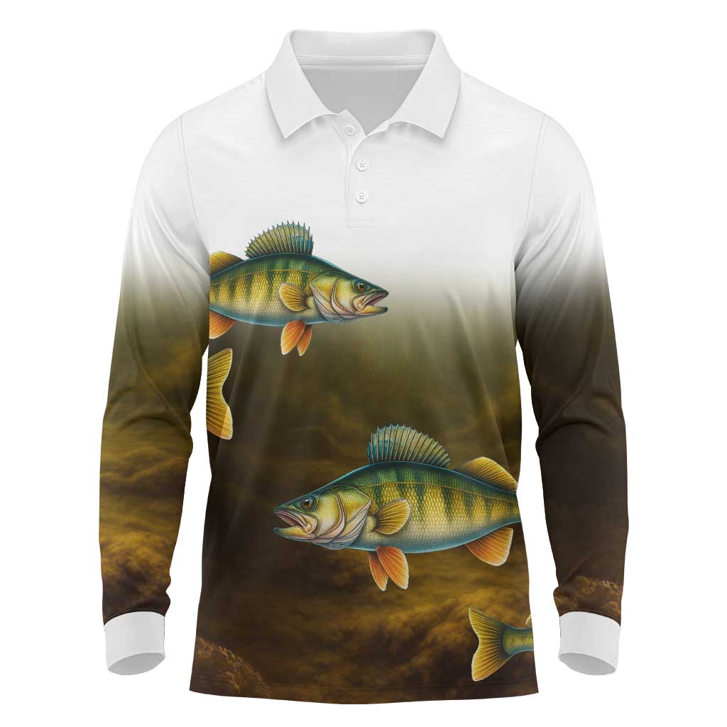 Walleye Fishing Yellow Scales Customize Name Long Sleeve Polo Shirt Dark Gradient Water Background - Wonder Print Shop