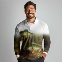 Walleye Fishing Yellow Scales Customize Name Long Sleeve Polo Shirt Dark Gradient Water Background - Wonder Print Shop