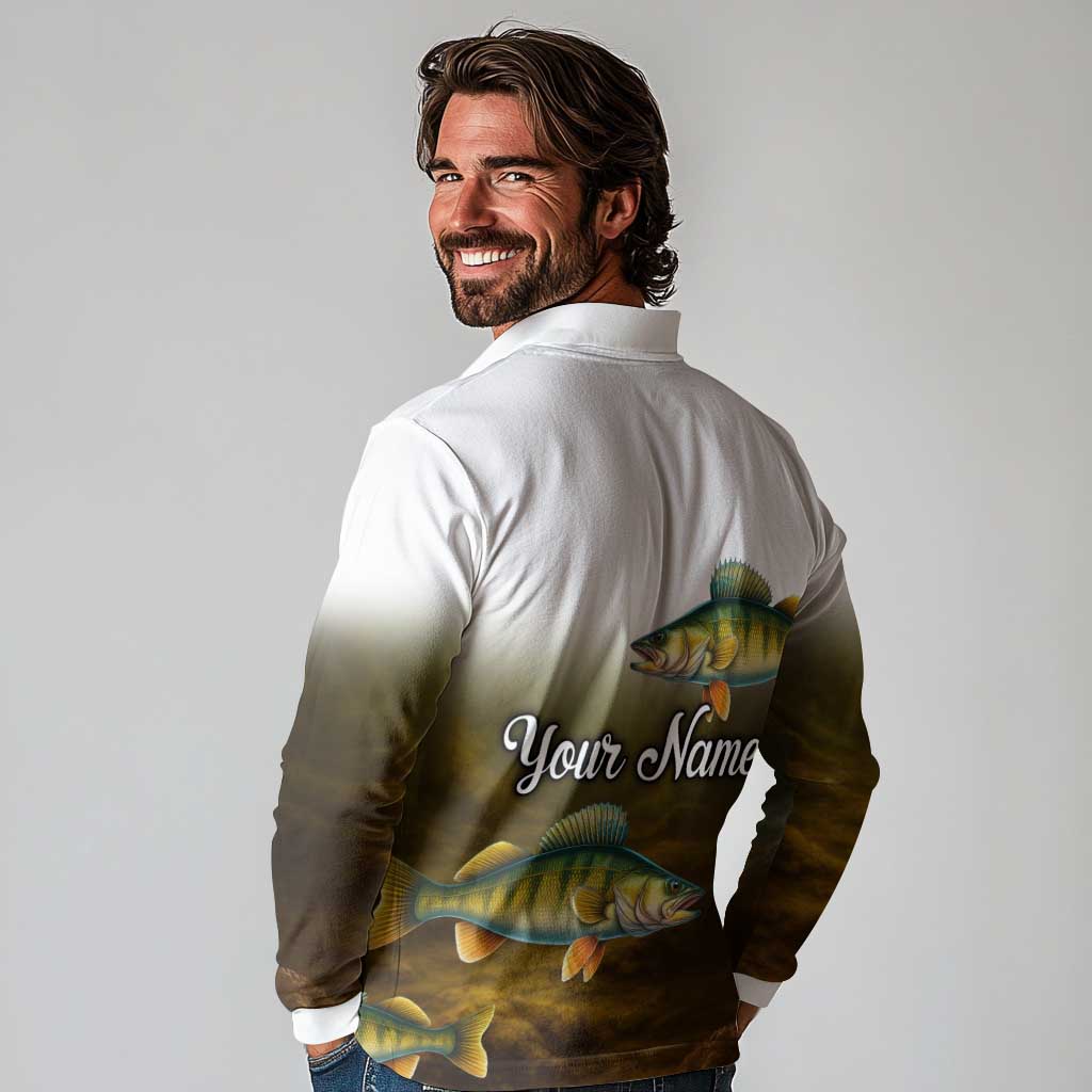 Walleye Fishing Yellow Scales Customize Name Long Sleeve Polo Shirt Dark Gradient Water Background - Wonder Print Shop