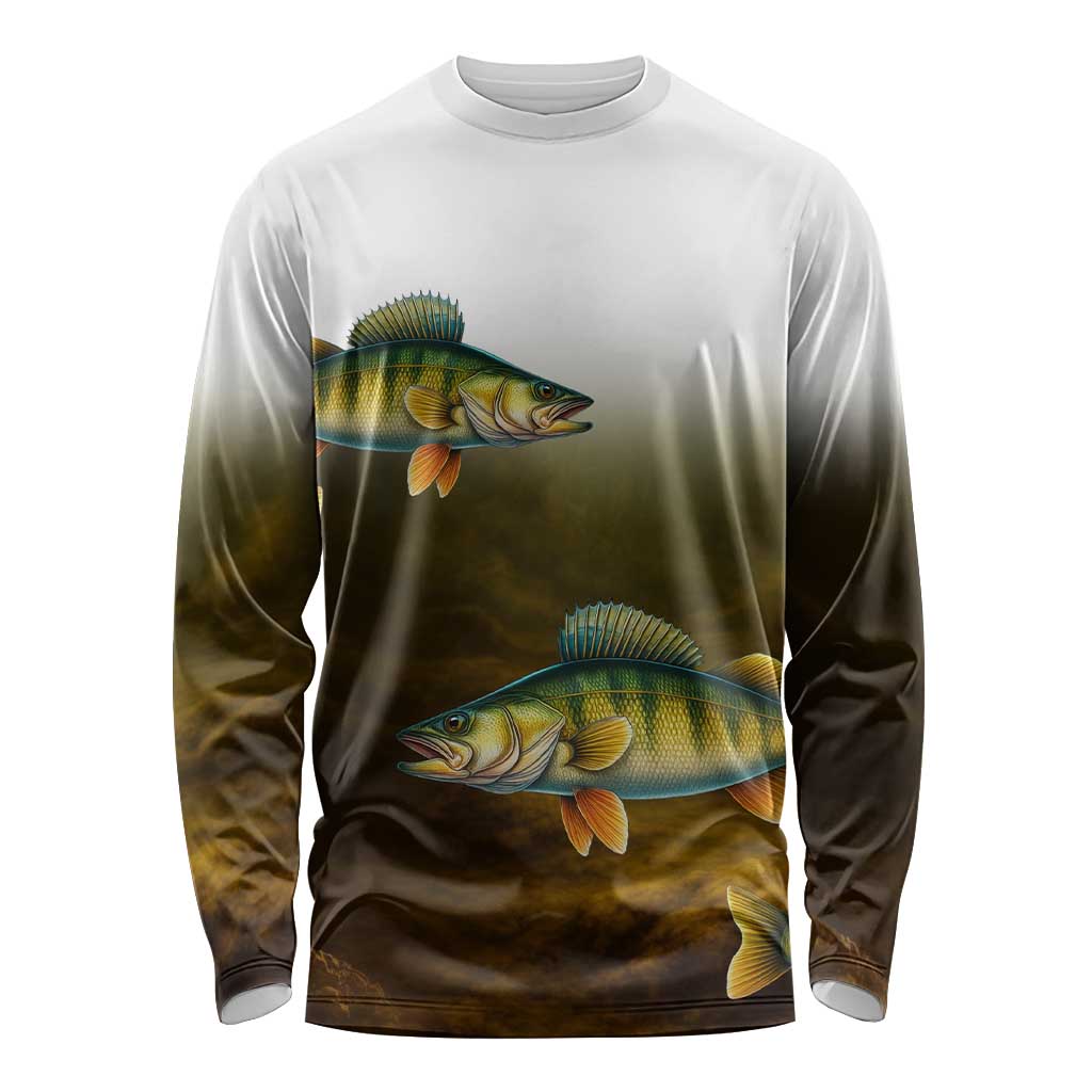Walleye Fishing Yellow Scales Customize Name Long Sleeve Shirt Dark Gradient Water Background - Wonder Print Shop