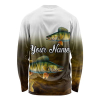 Walleye Fishing Yellow Scales Customize Name Long Sleeve Shirt Dark Gradient Water Background - Wonder Print Shop