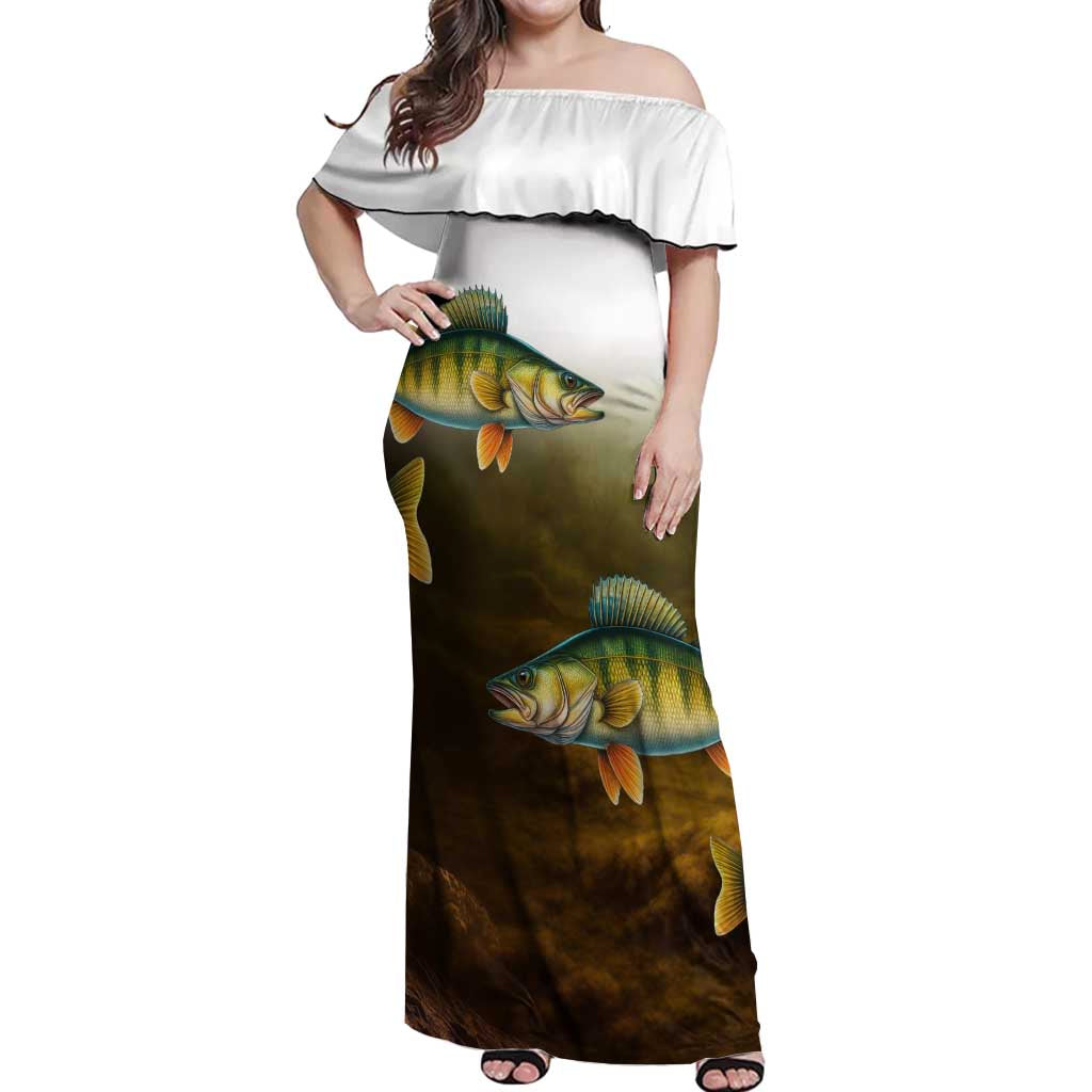 Walleye Fishing Yellow Scales Customize Name Off Shoulder Maxi Dress Dark Gradient Water Background - Wonder Print Shop