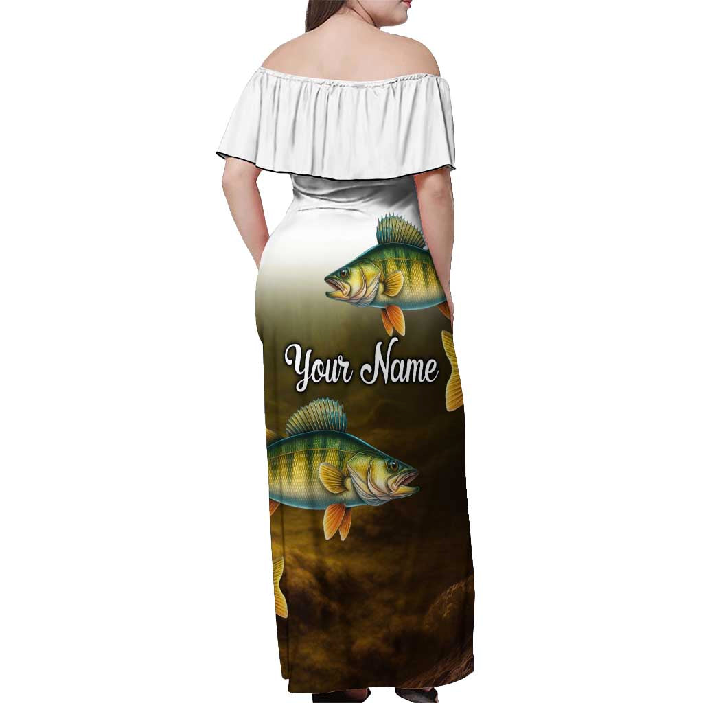 Walleye Fishing Yellow Scales Customize Name Off Shoulder Maxi Dress Dark Gradient Water Background - Wonder Print Shop