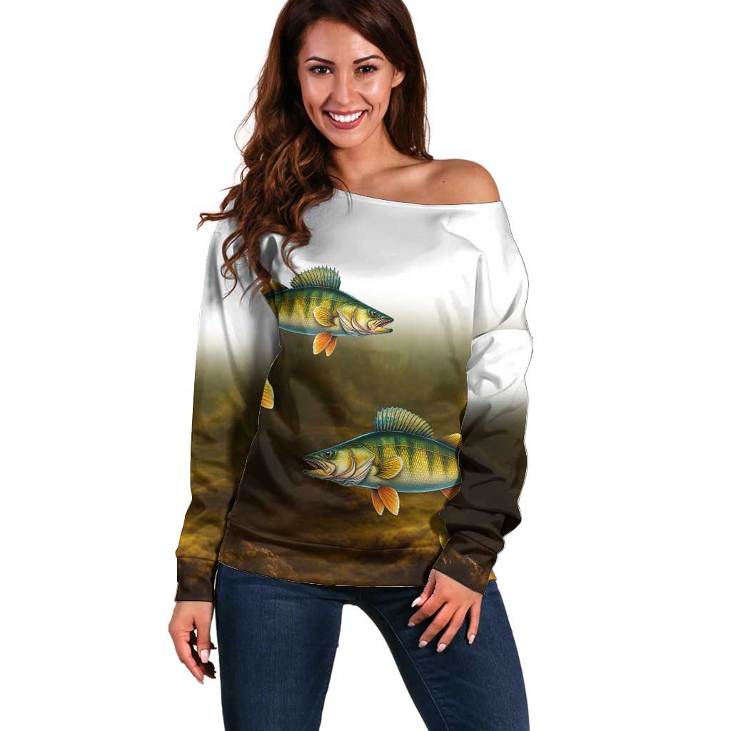Walleye Fishing Yellow Scales Customize Name Off Shoulder Sweater Dark Gradient Water Background - Wonder Print Shop