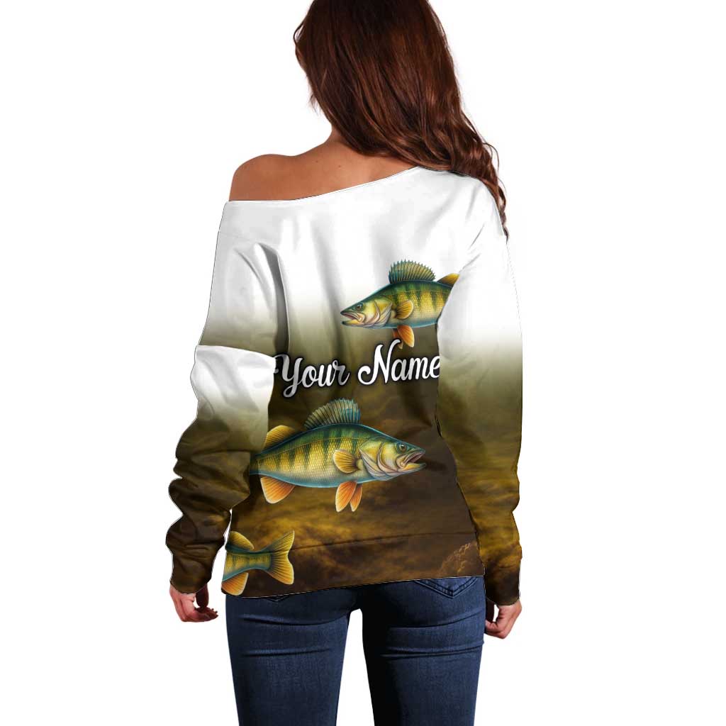 Walleye Fishing Yellow Scales Customize Name Off Shoulder Sweater Dark Gradient Water Background - Wonder Print Shop