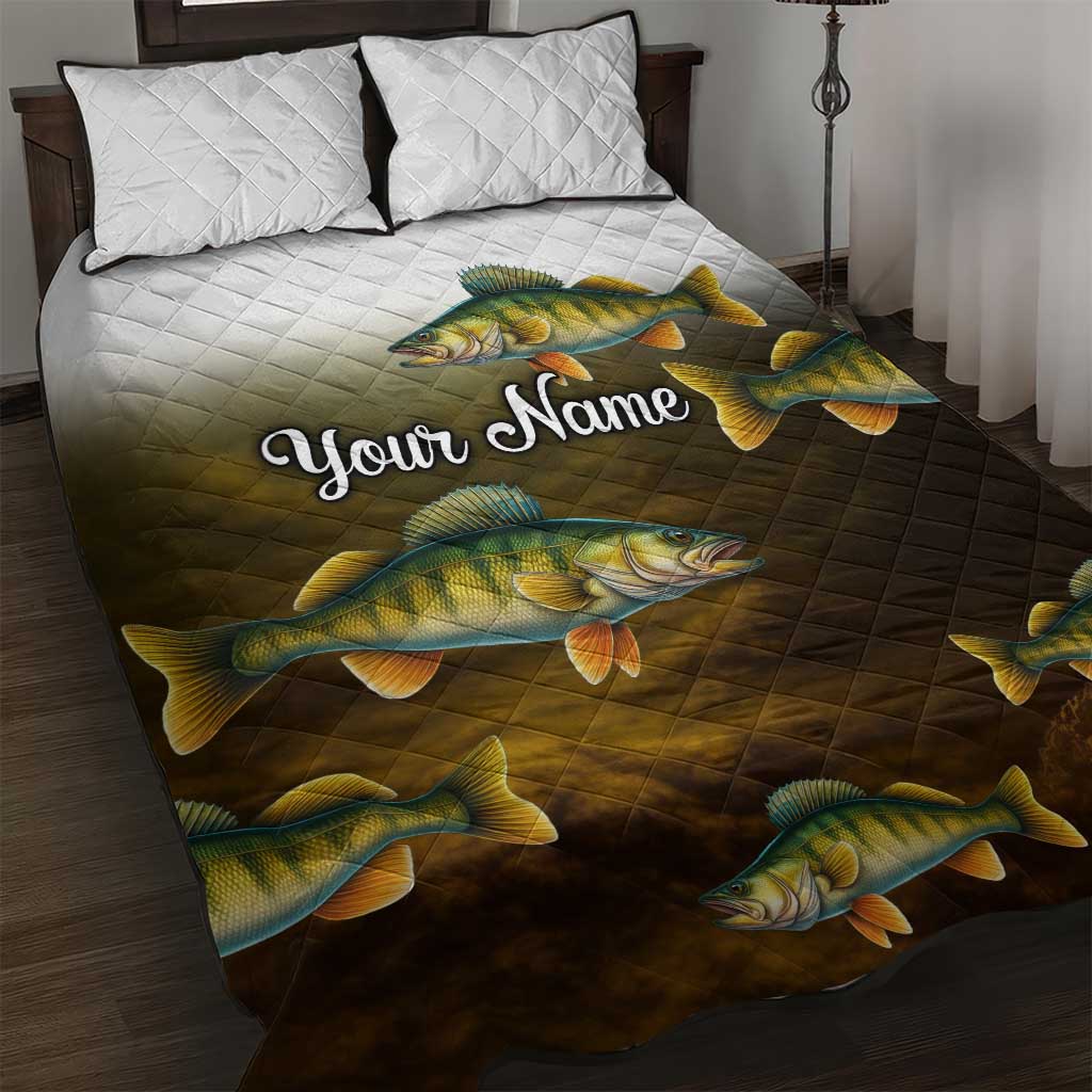 Walleye Fishing Yellow Scales Customize Name Quilt Bed Set Dark Gradient Water Background - Wonder Print Shop