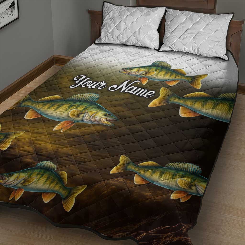 Walleye Fishing Yellow Scales Customize Name Quilt Bed Set Dark Gradient Water Background - Wonder Print Shop