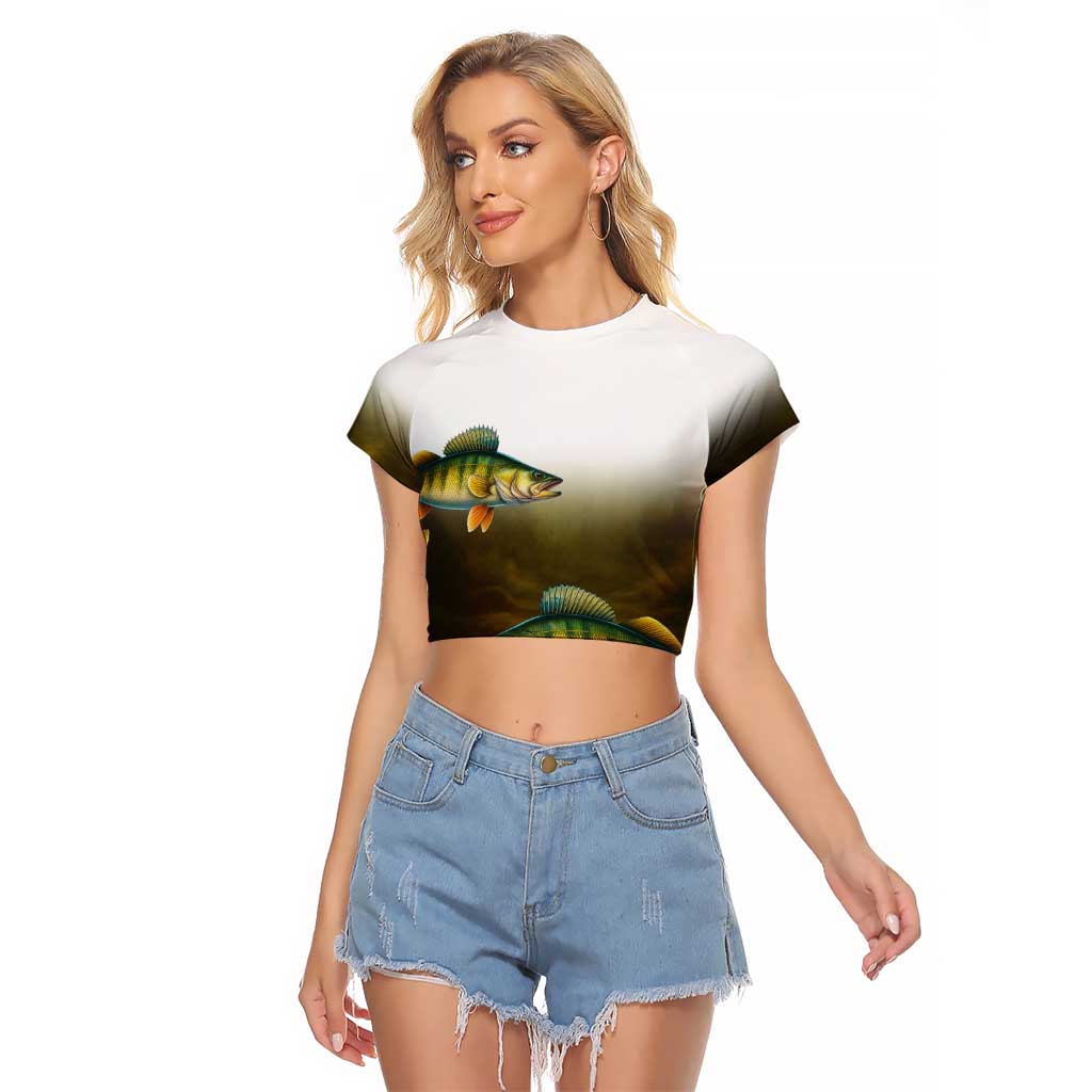 Walleye Fishing Yellow Scales Customize Name Raglan Cropped T Shirt Dark Gradient Water Background - Wonder Print Shop