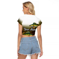 Walleye Fishing Yellow Scales Customize Name Raglan Cropped T Shirt Dark Gradient Water Background - Wonder Print Shop