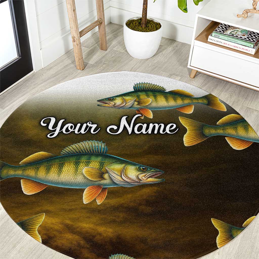 Walleye Fishing Yellow Scales Customize Name Round Carpet Dark Gradient Water Background - Wonder Print Shop