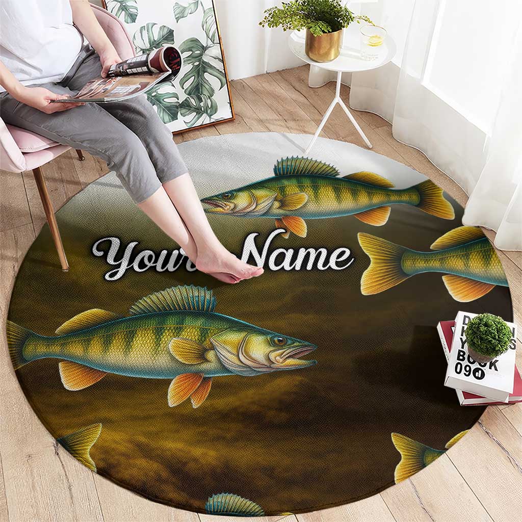 Walleye Fishing Yellow Scales Customize Name Round Carpet Dark Gradient Water Background - Wonder Print Shop