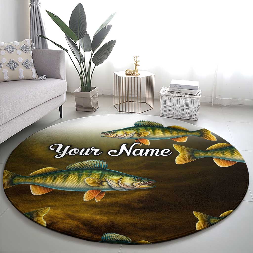 Walleye Fishing Yellow Scales Customize Name Round Carpet Dark Gradient Water Background - Wonder Print Shop