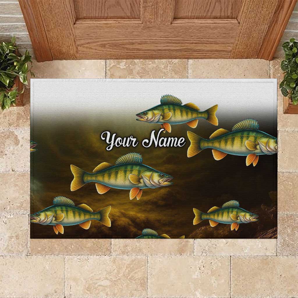 Walleye Fishing Yellow Scales Customize Name Rubber Doormat Dark Gradient Water Background - Wonder Print Shop