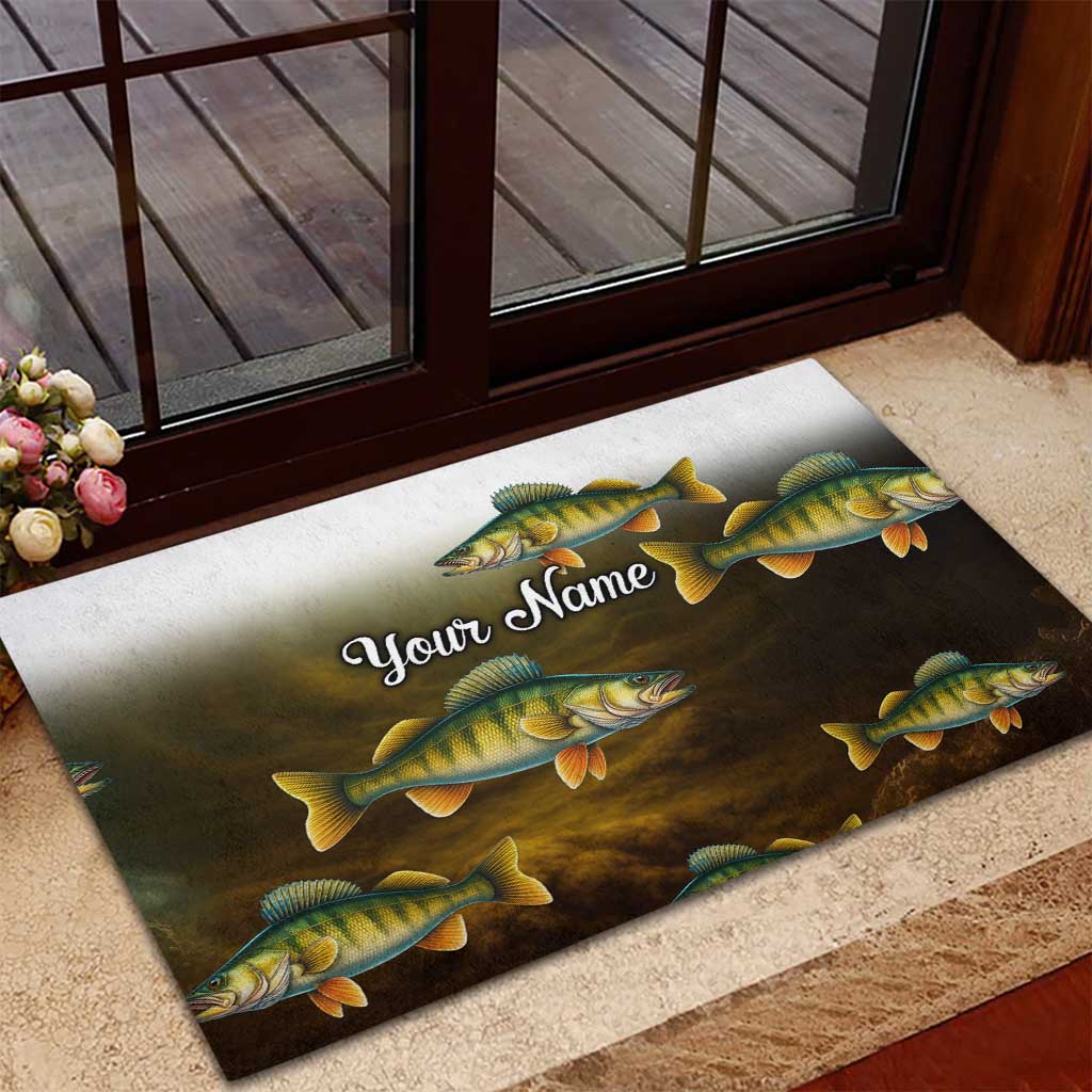 Walleye Fishing Yellow Scales Customize Name Rubber Doormat Dark Gradient Water Background - Wonder Print Shop