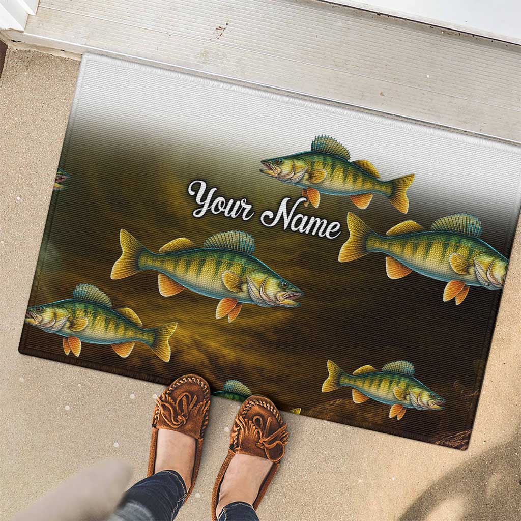 Walleye Fishing Yellow Scales Customize Name Rubber Doormat Dark Gradient Water Background - Wonder Print Shop