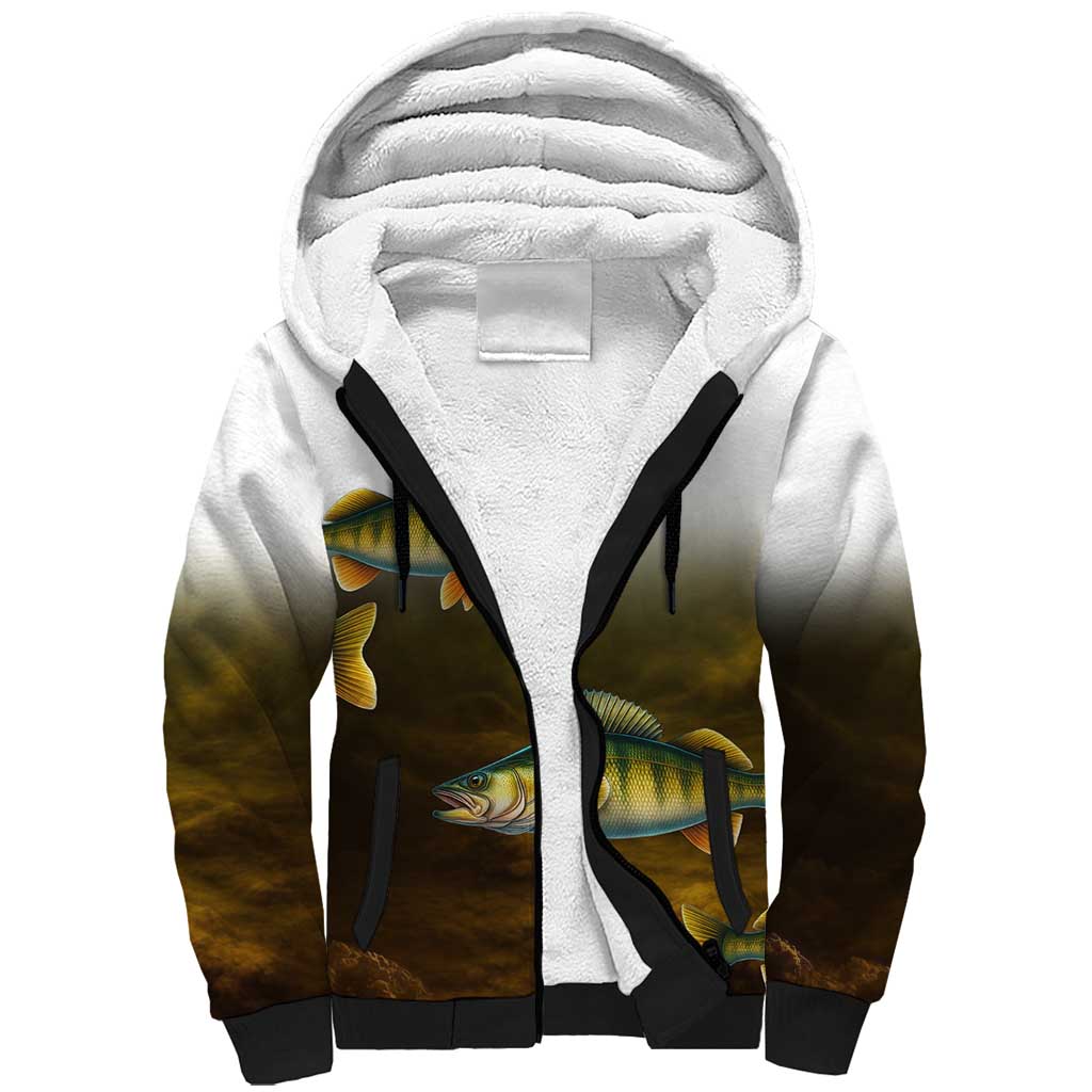 Walleye Fishing Yellow Scales Customize Name Sherpa Hoodie Dark Gradient Water Background - Wonder Print Shop