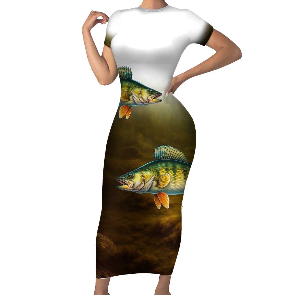 Walleye Fishing Yellow Scales Customize Name Short Sleeve Bodycon Dress Dark Gradient Water Background - Wonder Print Shop