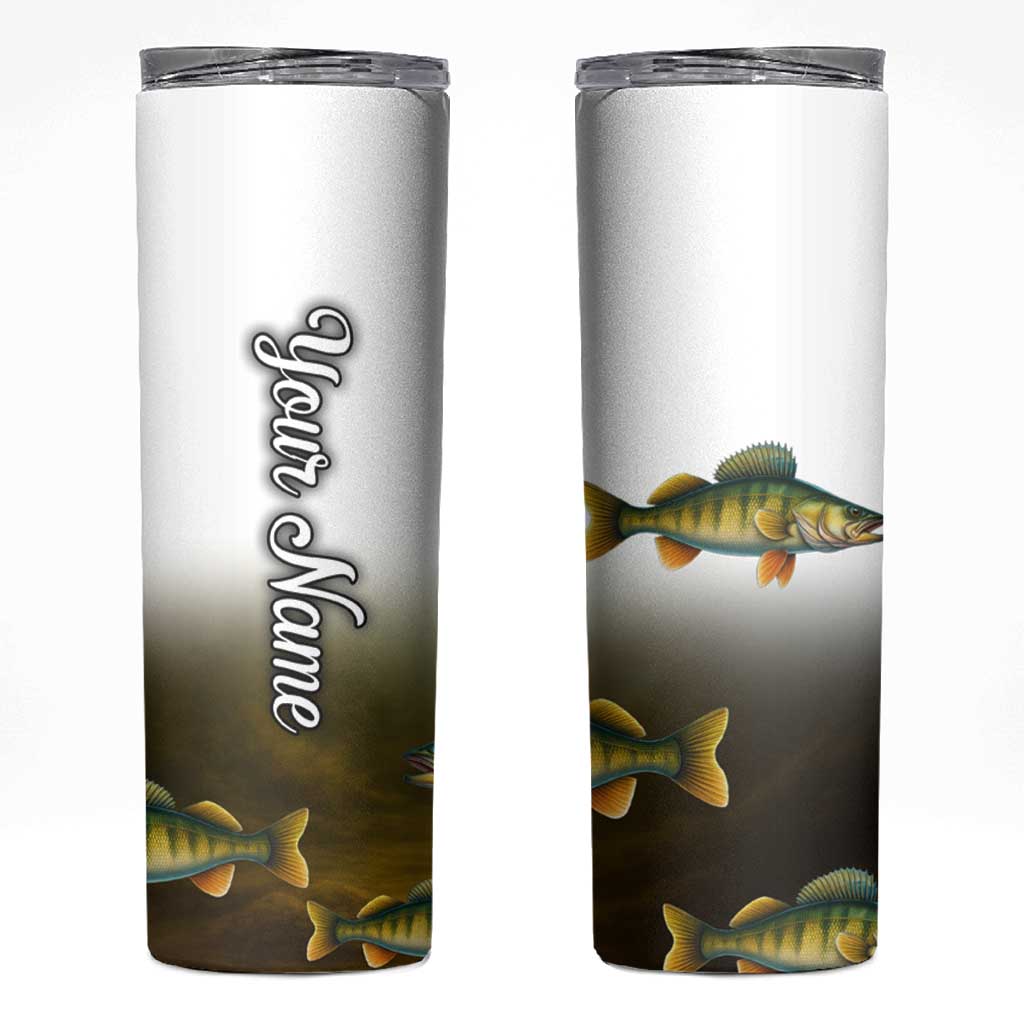 Walleye Fishing Yellow Scales Customize Name Skinny Tumbler Dark Gradient Water Background - Wonder Print Shop