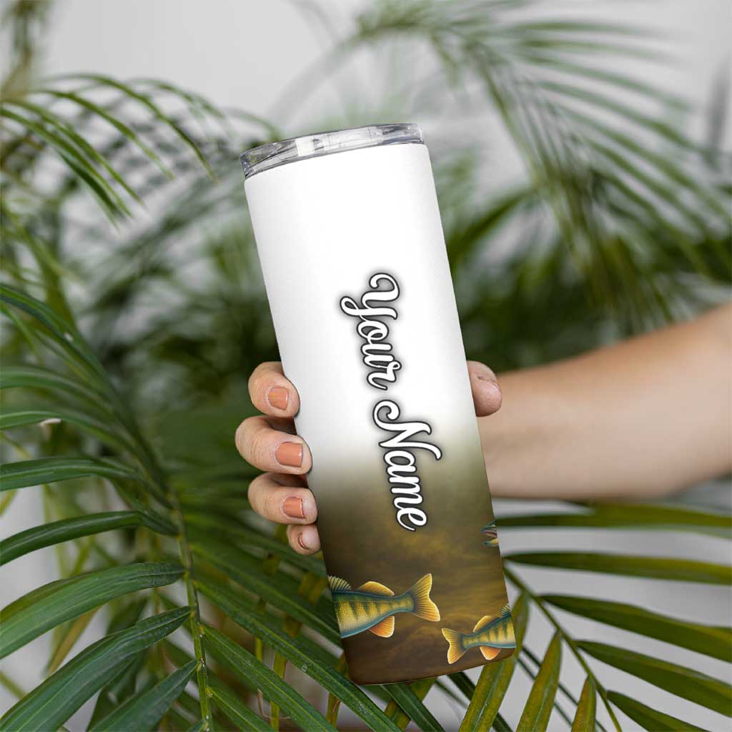 Walleye Fishing Yellow Scales Customize Name Skinny Tumbler Dark Gradient Water Background - Wonder Print Shop