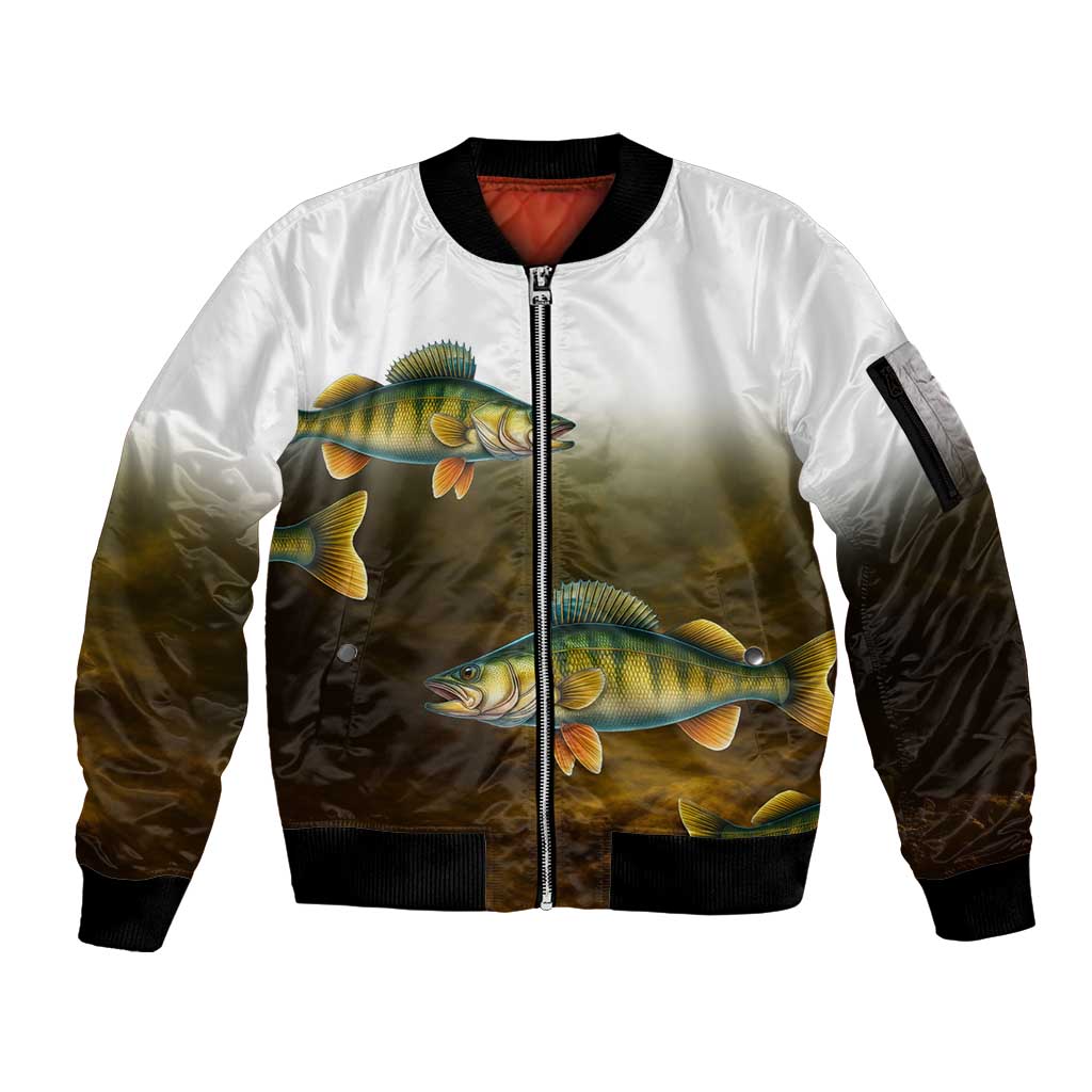 Walleye Fishing Yellow Scales Customize Name Sleeve Zip Bomber Jacket Dark Gradient Water Background - Wonder Print Shop