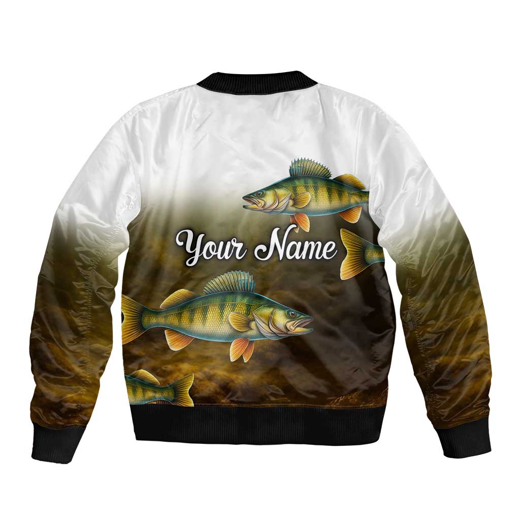Walleye Fishing Yellow Scales Customize Name Sleeve Zip Bomber Jacket Dark Gradient Water Background - Wonder Print Shop
