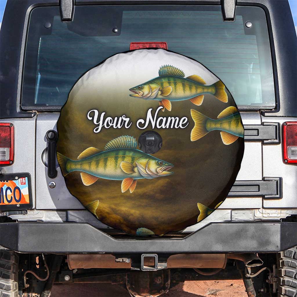 Walleye Fishing Yellow Scales Customize Name Spare Tire Cover Dark Gradient Water Background - Wonder Print Shop