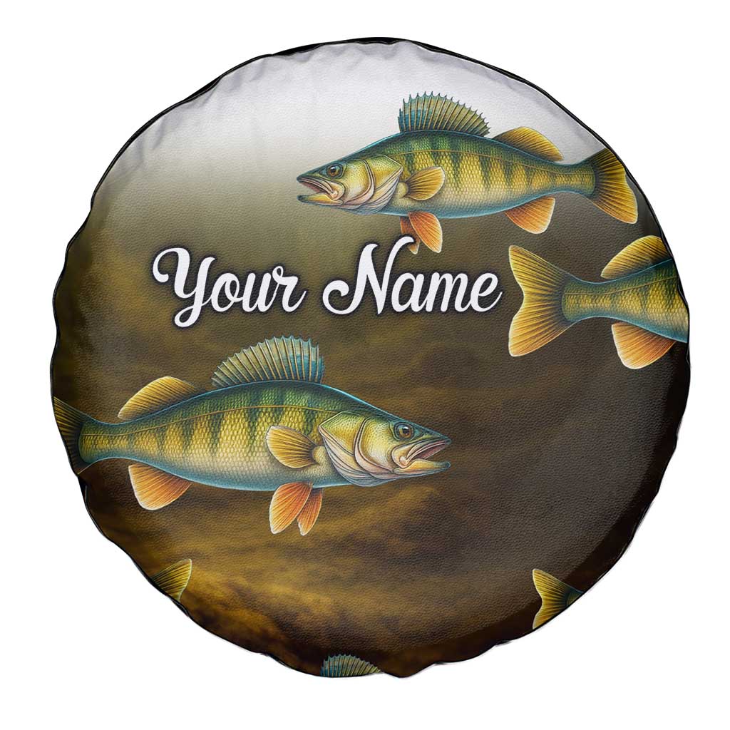 Walleye Fishing Yellow Scales Customize Name Spare Tire Cover Dark Gradient Water Background - Wonder Print Shop