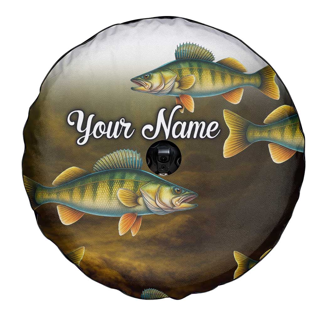 Walleye Fishing Yellow Scales Customize Name Spare Tire Cover Dark Gradient Water Background - Wonder Print Shop