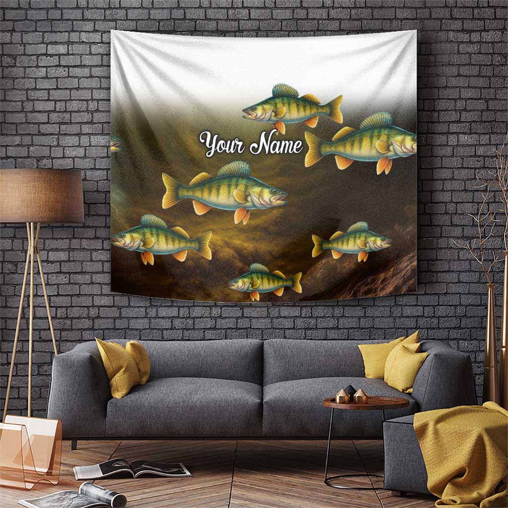 Walleye Fishing Yellow Scales Customize Name Tapestry Dark Gradient Water Background - Wonder Print Shop