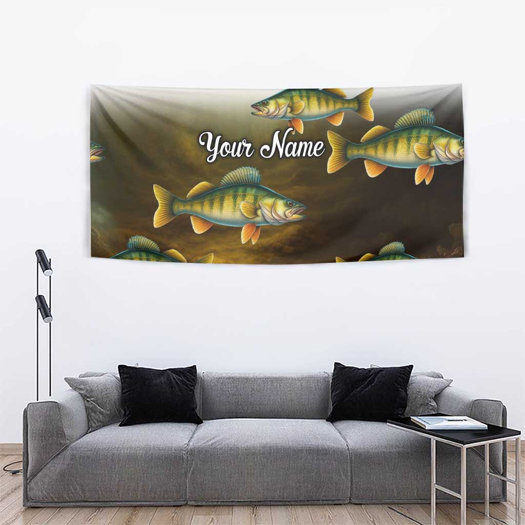 Walleye Fishing Yellow Scales Customize Name Tapestry Dark Gradient Water Background - Wonder Print Shop