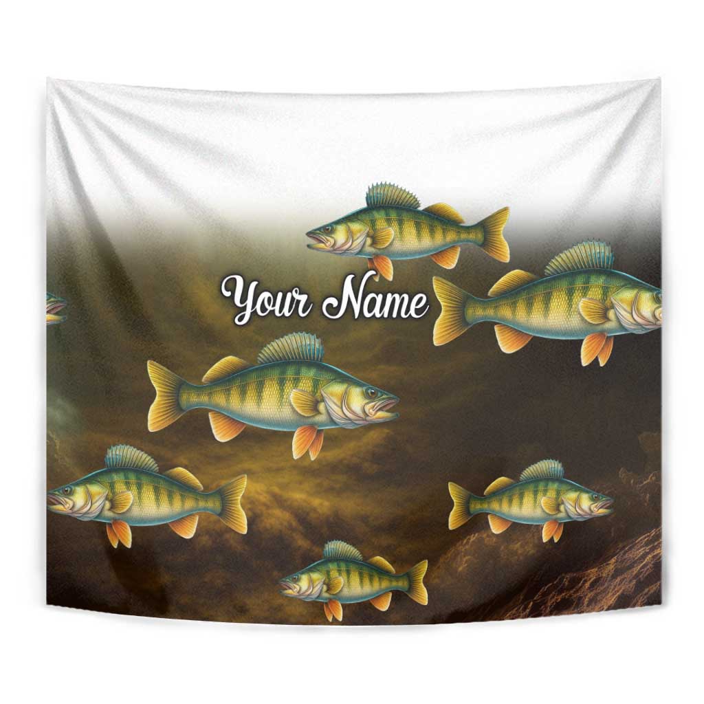 Walleye Fishing Yellow Scales Customize Name Tapestry Dark Gradient Water Background - Wonder Print Shop