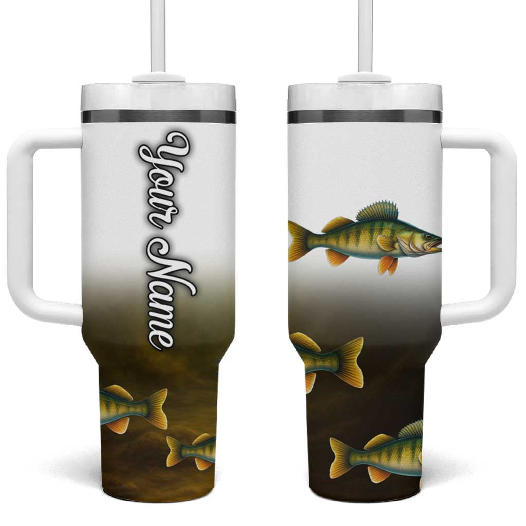 Walleye Fishing Yellow Scales Customize Name Tumbler With Handle Dark Gradient Water Background - Wonder Print Shop