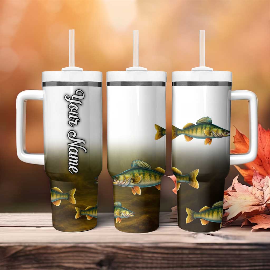 Walleye Fishing Yellow Scales Customize Name Tumbler With Handle Dark Gradient Water Background - Wonder Print Shop