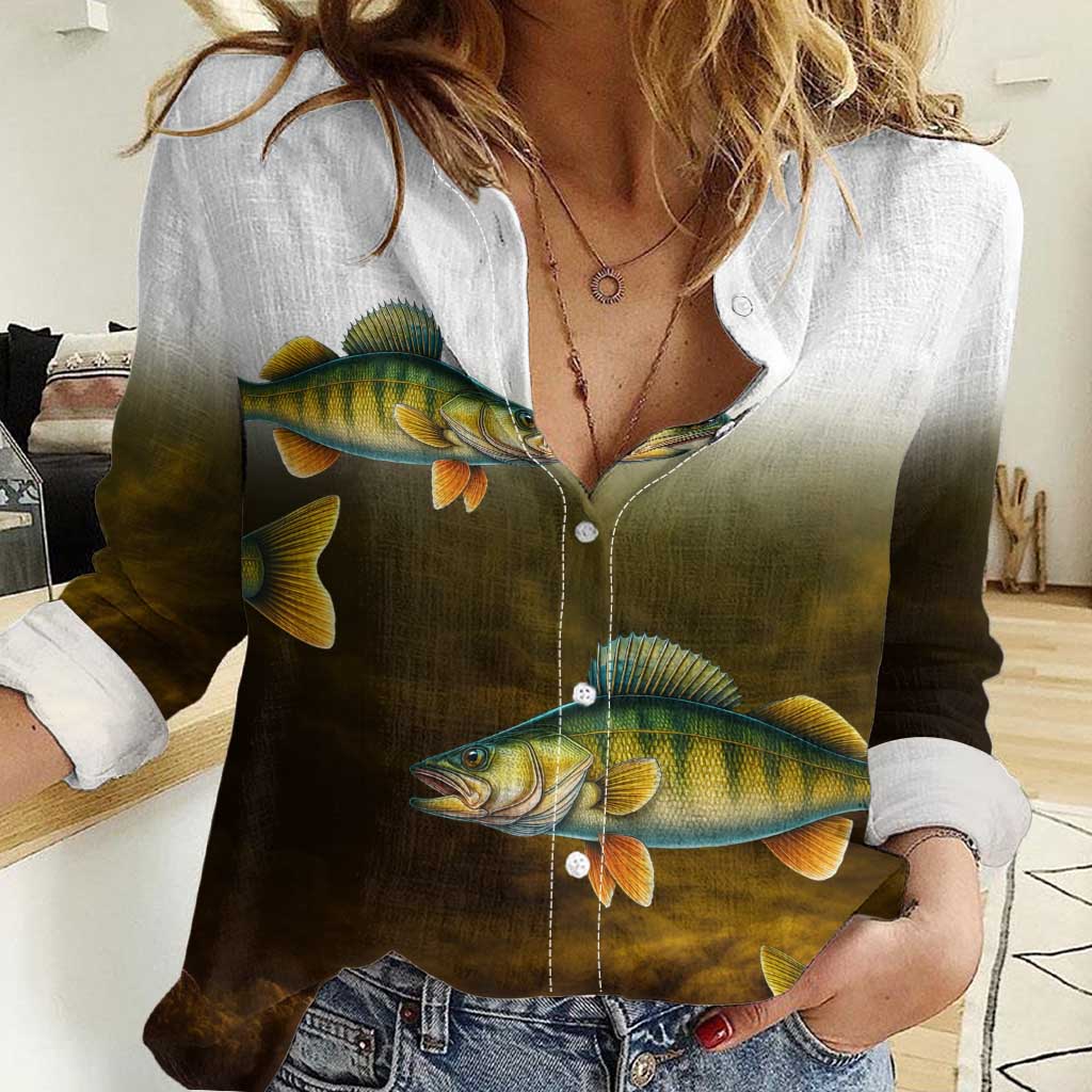Walleye Fishing Yellow Scales Customize Name Women Casual Shirt Dark Gradient Water Background - Wonder Print Shop